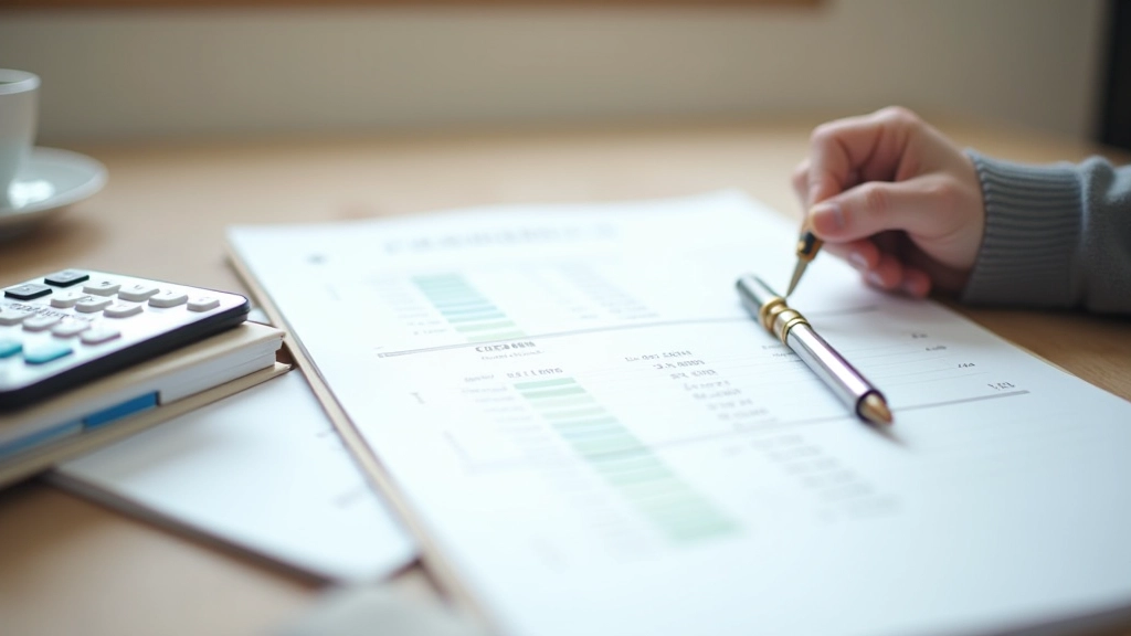 Bureau organisé avec documents budgétaires et classeurs de dépenses, calculatrice et stylo, vue de dessus