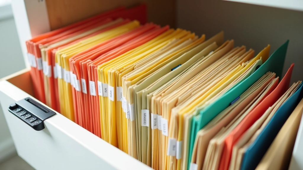 Dossiers de couleur différentes organisés dans un classeur avec étiquettes de catégories budgétaires