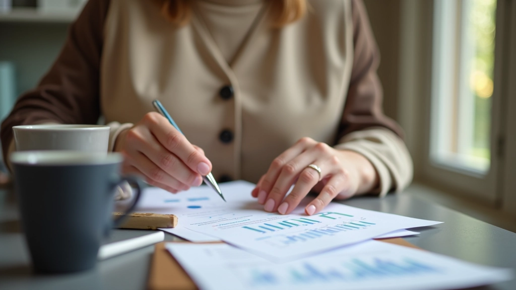 Femme examinant des documents financiers et graphiques budgétaires sur son bureau
