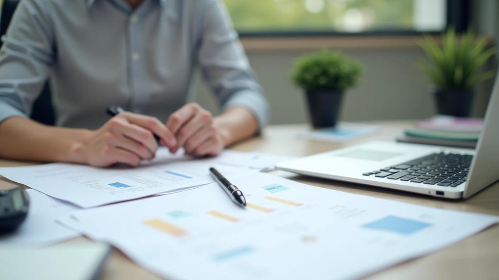 Espace de travail professionnel avec documents financiers, calculatrice et ordinateur portable sur un bureau organisé