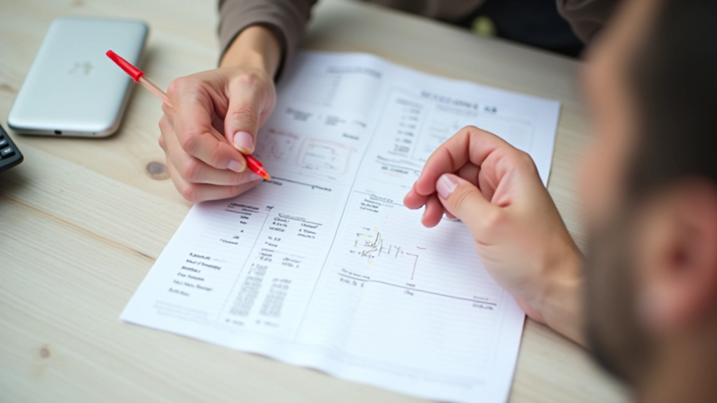 Graphique comparatif manuscrit montrant écarts budget avec annotations, calculatrice et stylo rouge, analyse financière