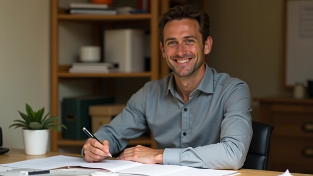 Personne satisfaite devant son ordinateur avec tous les relevés organisés correctement, dossiers étiquetés visibles