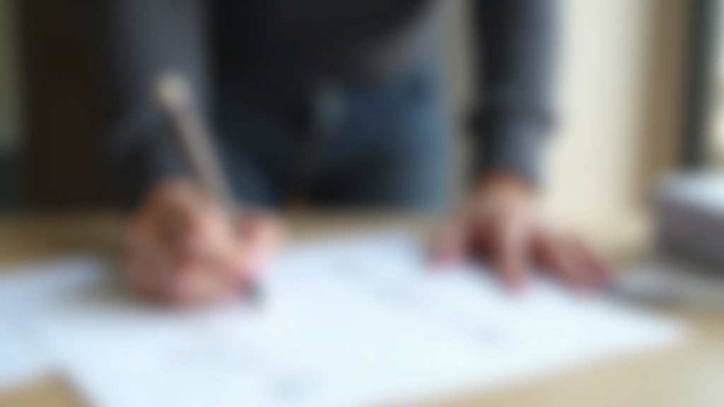 Personne organisant des relevés bancaires et documents financiers sur un bureau avec classeur et stylo