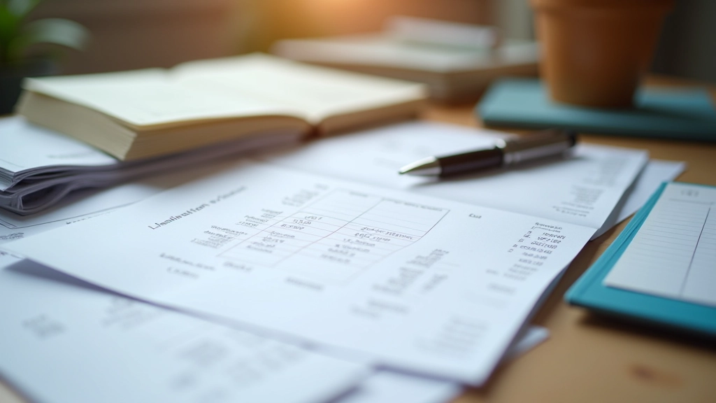 Pile organisée de relevés bancaires et documents financiers, stylo et bloc-notes, bureau de travail