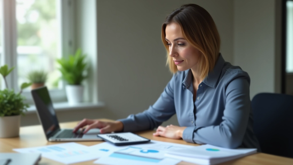 Femme travaillant sur un ordinateur portable avec feuille de calcul financière, documents budgétaires éparpillés sur le bureau
